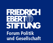 Logo der FES, Name in drei Zeilen untereinandergesetzt, in der Mitte die stilisierte Weltkugel, unten der Schriftzug Forum Politik und Gesellschaft
