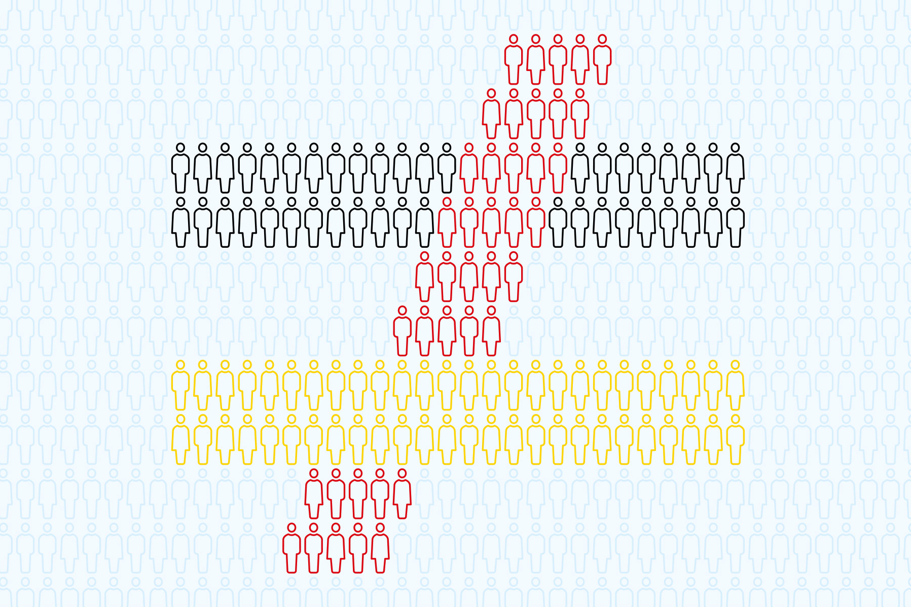 Ein mathematisches Ungleichheitszeichen, das aus vielen gemischt angeordneten Icons für Frau und Mann in den deutschen Nationalfarben Schwarz-Rot-Gold besteht.