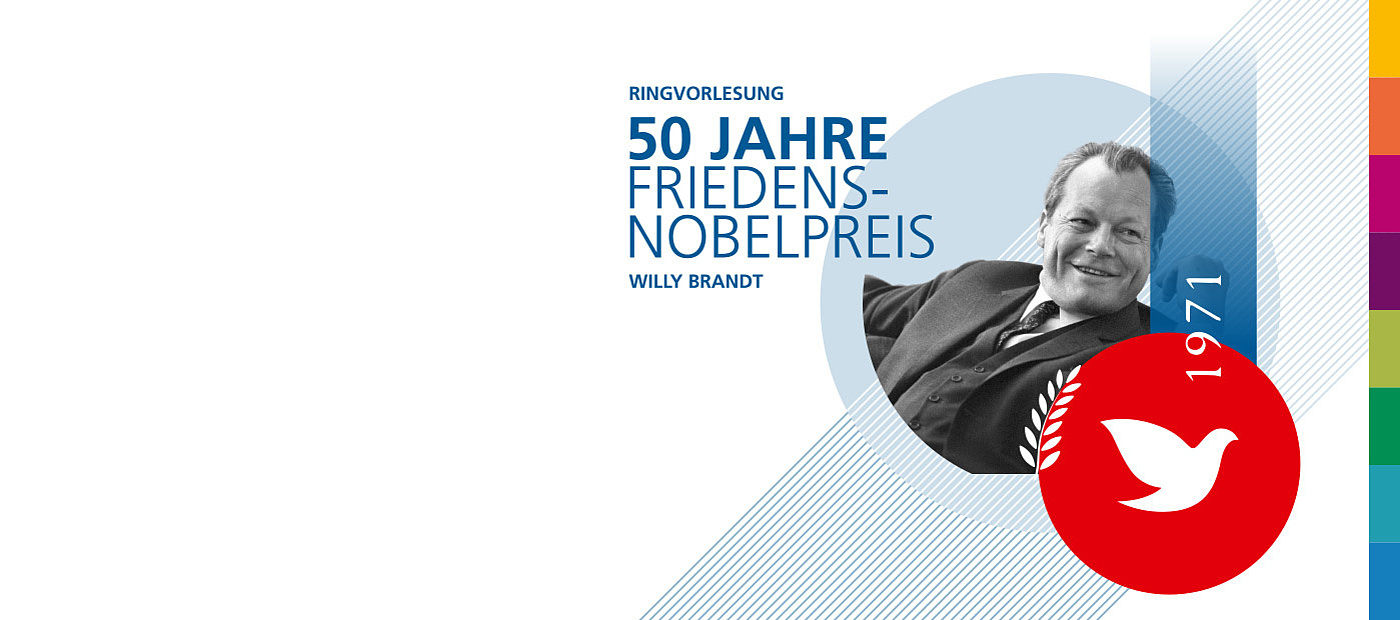 Rechts: Foto von Willy Brandt mit Symbolen Taube und Lorbeerzweig und der Zahl 1971. Rechts: Text: Ringvorlesung. 50 Jahre Friedensnobelpreis. Willy Brandt.
