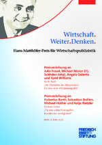 Preisverleihung an Julie Froud, Michael Moran, Sukhdev Johal, Angelo Salento und Karel Williams für ihr Buch "Die Ökonomie des Alltagslebens: Für eine neue Infrastrukturpolitik". Preisverleihung an Hubertus Bardt, Sebastian Dullien, Michael Hüther und Katja Rietzler für ihren Artikel "Für eine solide Finanzpolitik: Investitionen ermöglichen!"